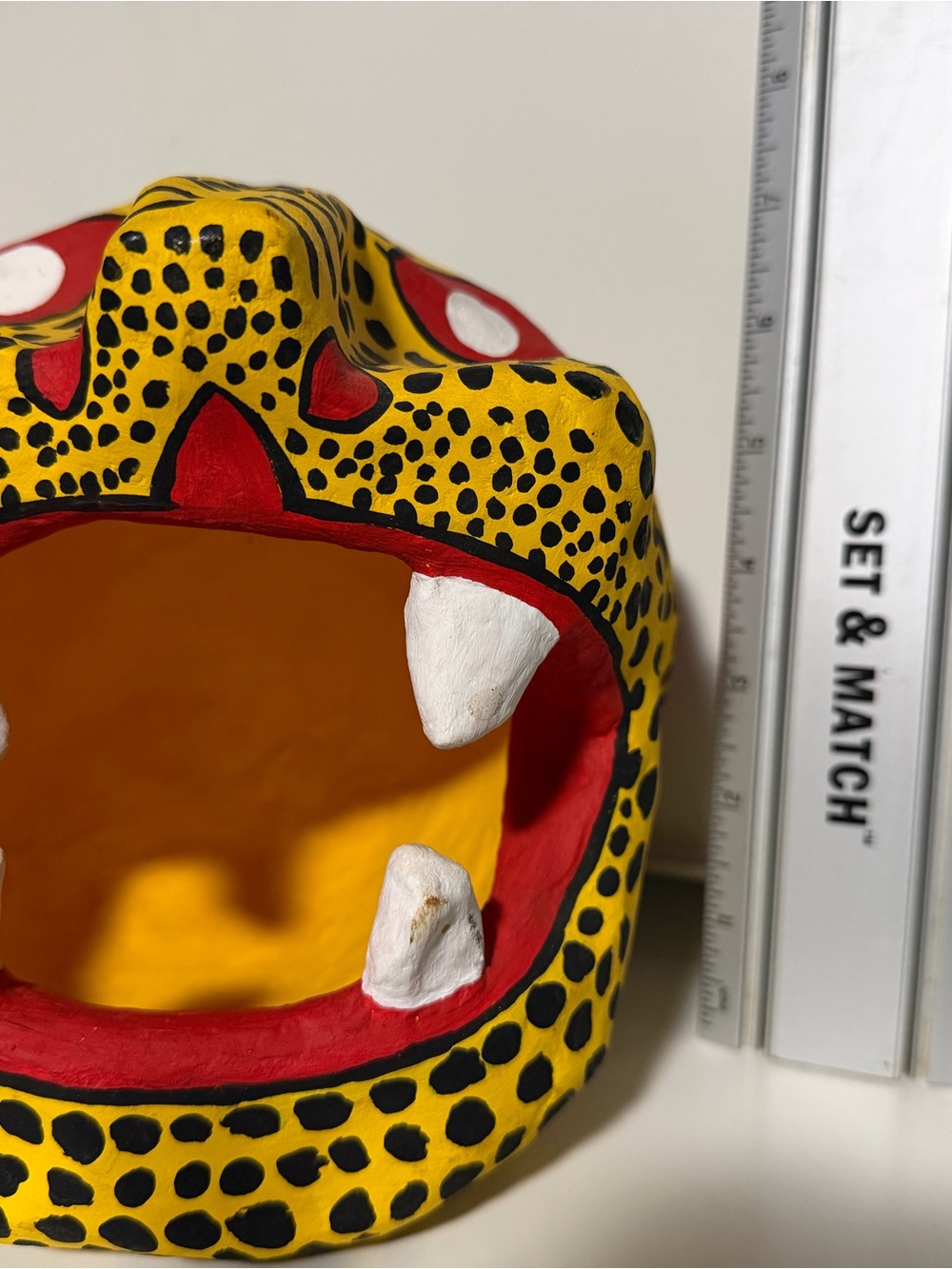 Signed Orozco Family Yellow Leopard Paper Mache Open Mouth with Red Accents